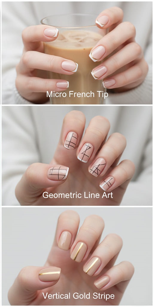 Simple Nail Designs for Short Nails_Micro French Tip_Geomatric Line Art